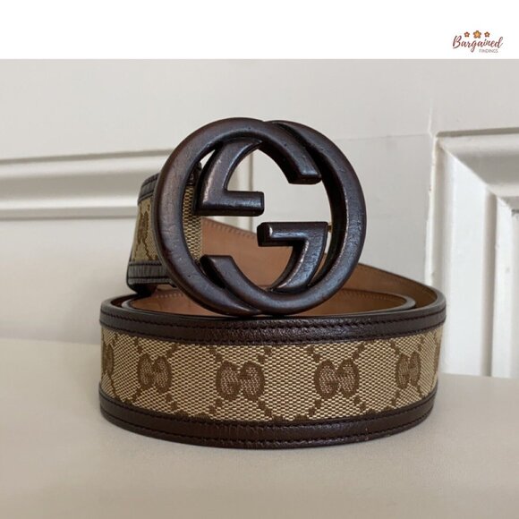 Authentic GUCCI Brown Monogram Canvas Bamboo Interlocking G Buckle Belt 80/32 - Picture 12 of 13